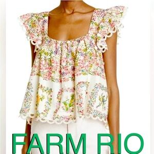 FARM RIO Delicate Forest Scarves Squareneck Embroidered BABYDOLL Blouse